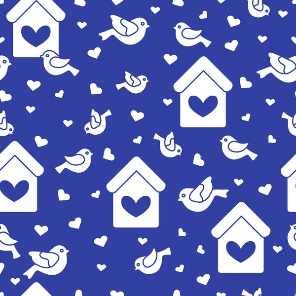 Naadloze patroon met vogels, nestkastjes en harten — Stockvector