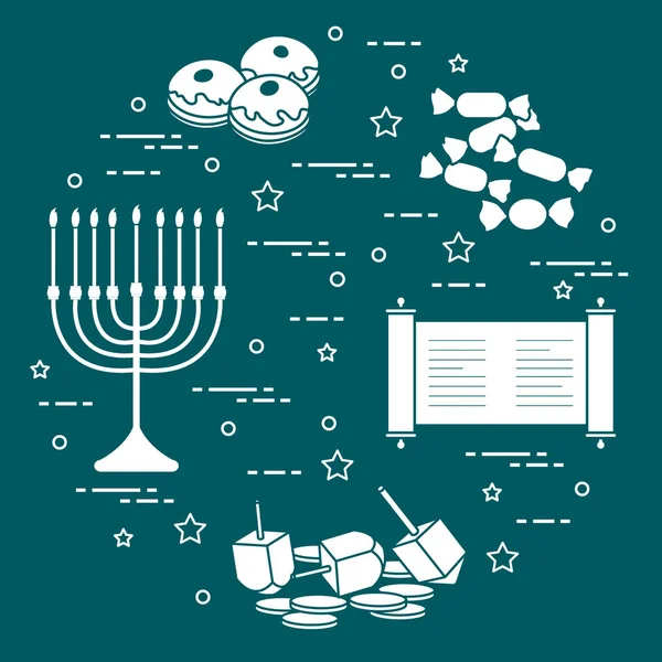 Židovský svátek Chanuka: Drejdl, sivivon, Menora, mince, kobliha — Stockový vektor