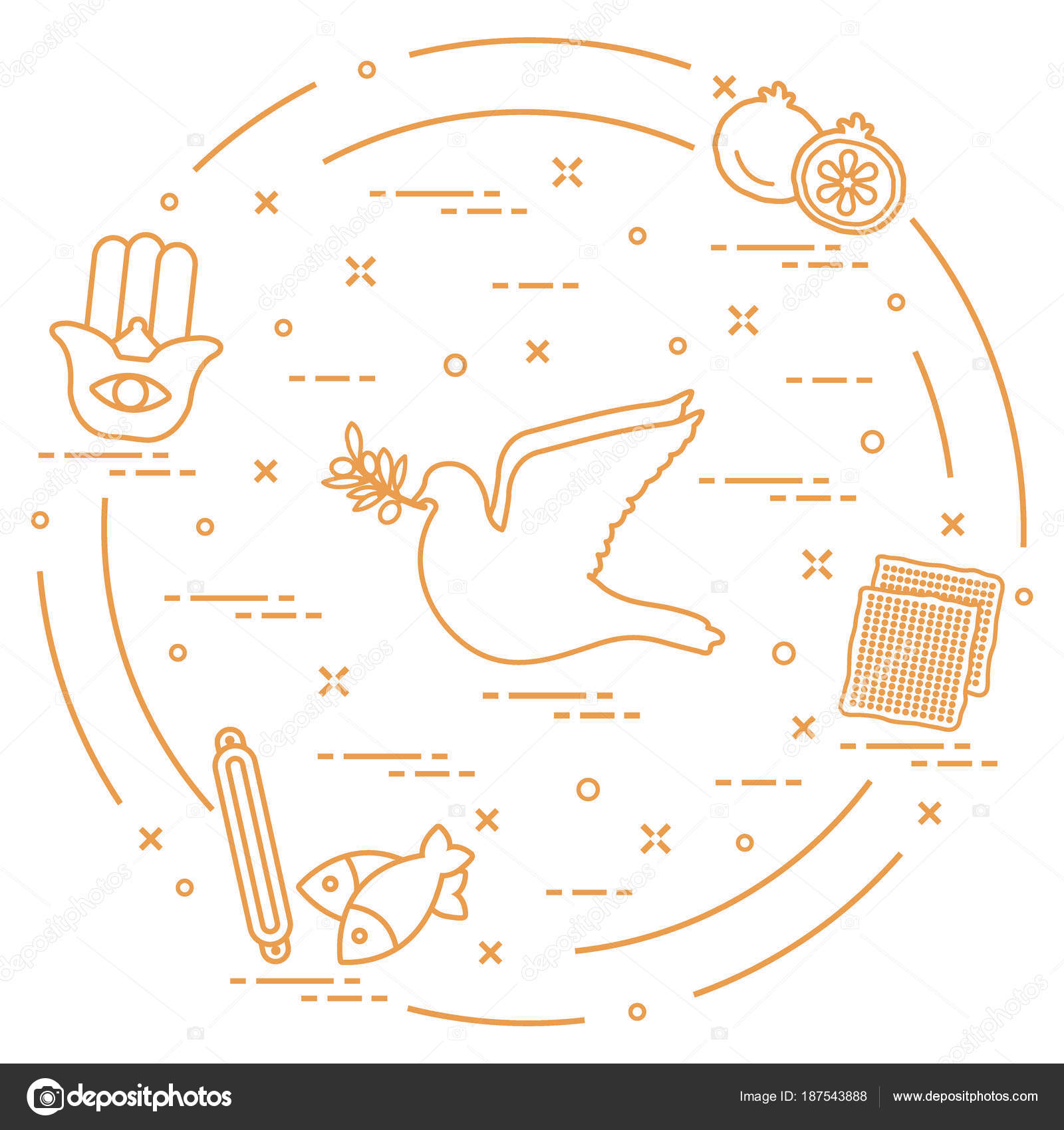 Jewish symbols dove, olive branch, pomegranate, matzah, fish, h Stock