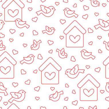 Kuşlar, kuş evleri ve kalpleri ile Seamless Modeli