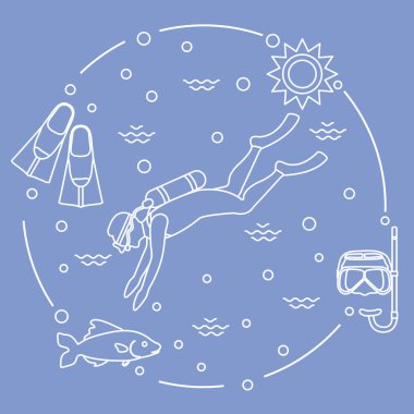 Maske, şnorkel, palet, güneş, balık, scuba diver.