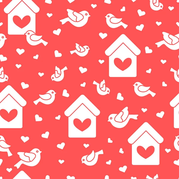 Seamless pattern with birds, birdhouses and hearts — Stock Vector