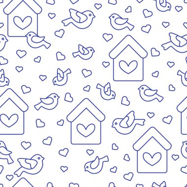 Kuşlar, kuş evleri ve kalpleri ile Seamless Modeli