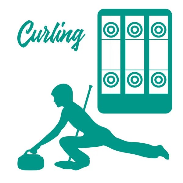 Plac zabaw do curlingu, miotła, kamienia i sportowiec. — Wektor stockowy