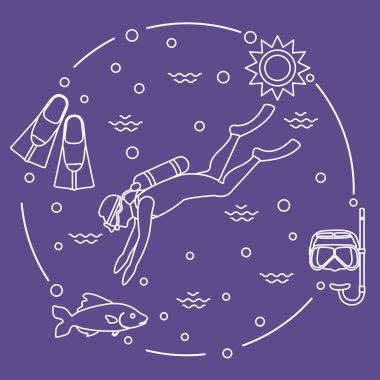 Maske, şnorkel, palet, güneş, balık, scuba diver.