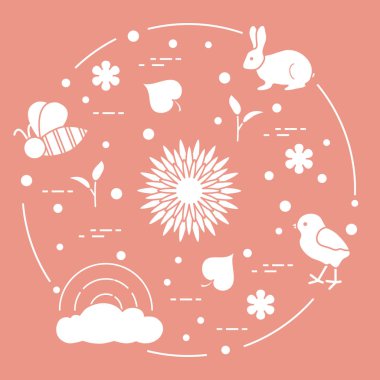 Gökkuşağı, tavuk, tavşan, arı. Bahar Tema.