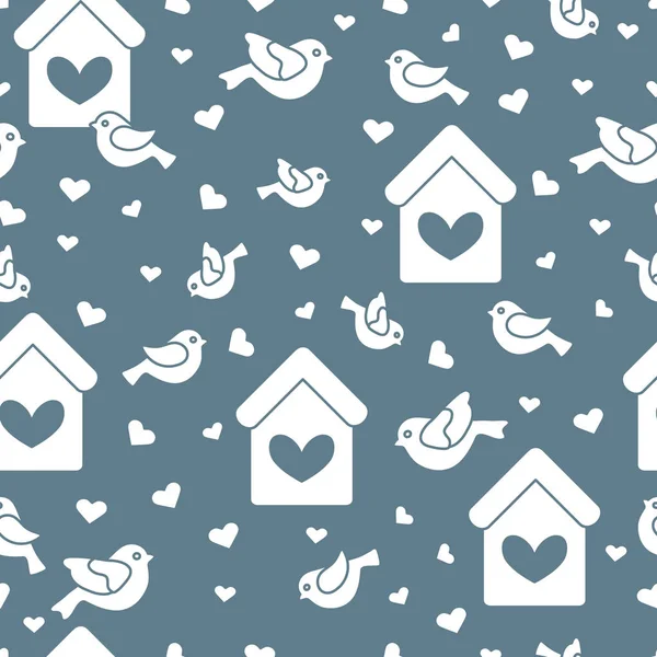 Naadloze patroon met vogels, nestkastjes en harten — Stockvector