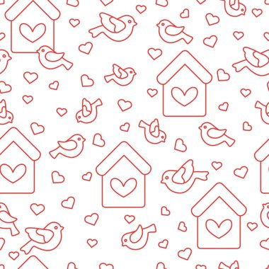 Kuşlar, kuş evleri ve kalpleri ile Seamless Modeli