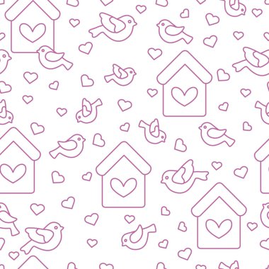 Kuşlar, kuş evleri ve kalpleri ile Seamless Modeli