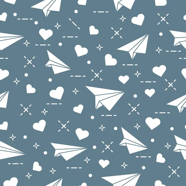 Seamless pattern with paper airplane and hearts. — Stock Vector