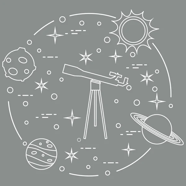 Věda: dalekohled, slunce, měsíc, planety, hvězdy. — Stockový vektor