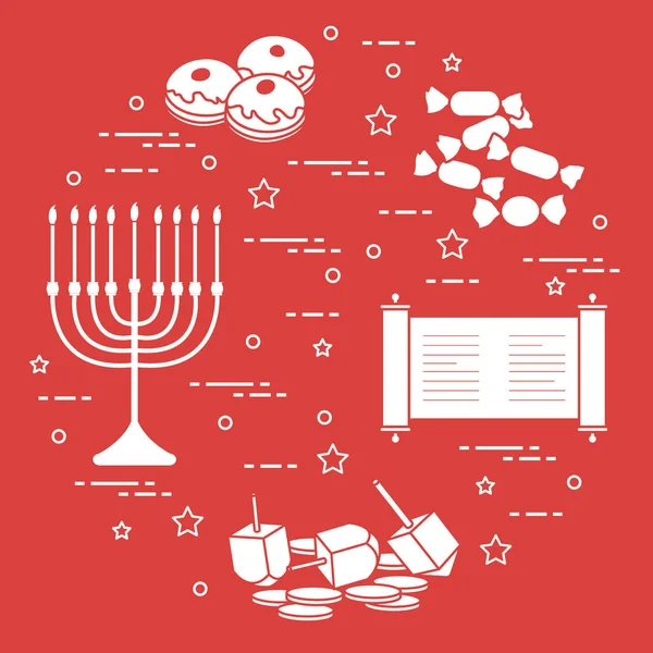 ユダヤ人の祝日のハヌカ: ドレイドル、sivivon、本枝の燭台、コイン、ドーナツ — ストックベクタ