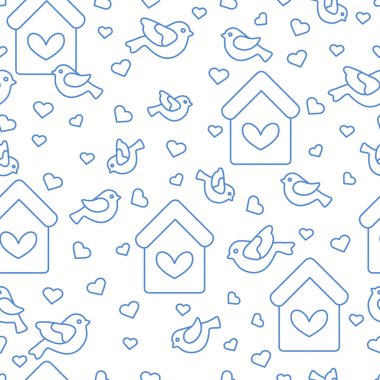 Kuşlar, kuş evleri ve kalpleri ile Seamless Modeli