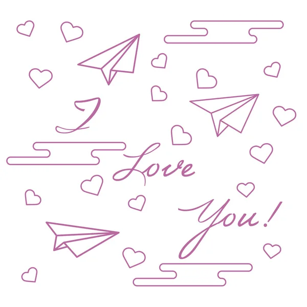 Avión de papel, corazones, nubes. Día de San Valentín . — Vector de stock