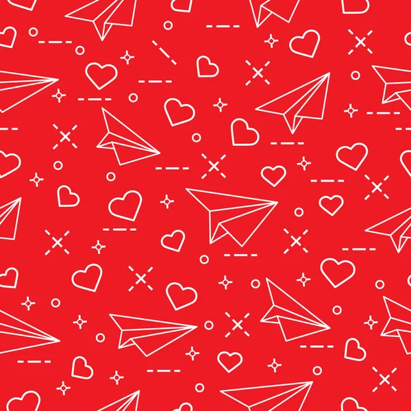 Seamless pattern with paper airplane and hearts. — Stock Vector