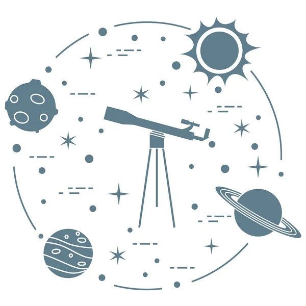 科学: 望远镜, 太阳, 月亮, 行星, 星星. — 图库矢量图片