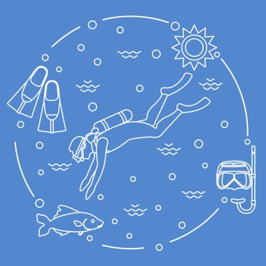 Maske, şnorkel, palet, güneş, balık, scuba diver.