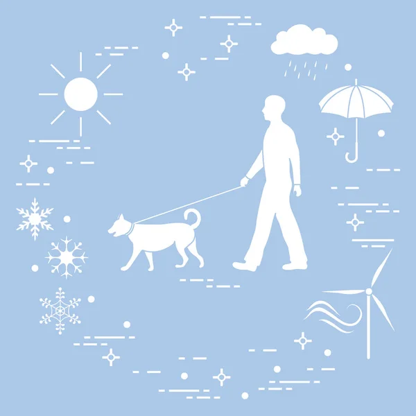Man walking a dog on a leash in any weather. — Stock Vector