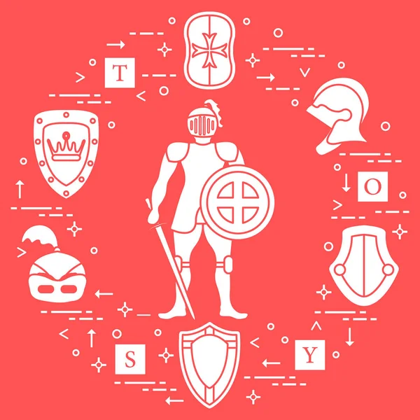 Caballero, escudos, espadas, cascos, cubos . — Vector de stock