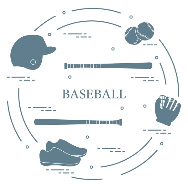 Bates de béisbol, guante, bolas, casco, zapatos . — Vector de stock