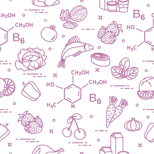 Seamless pattern with foods rich in vitamin B6. — Stock Vector