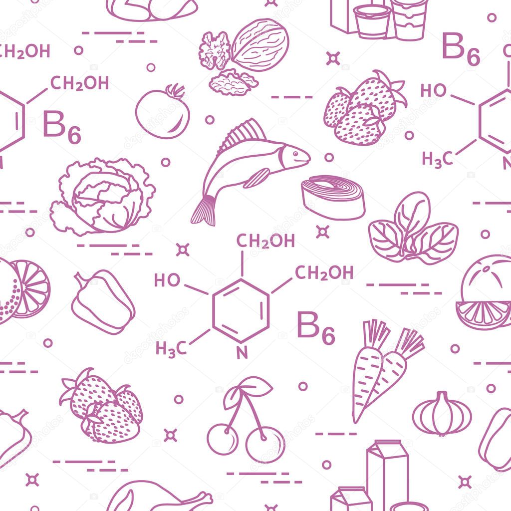 Seamless pattern with foods rich in vitamin B6.