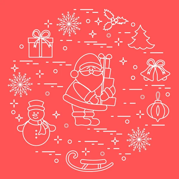 Santa Claus with presents and other New Year and Christmas symbo — Stock Vector