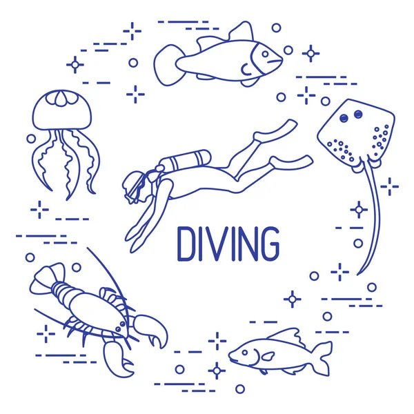 Diver, jellyfish, lobster, stingray, fish. — Stock Vector