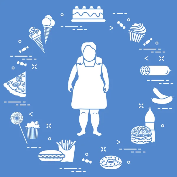 有害的饮食习惯和胖女孩. — 图库矢量图片