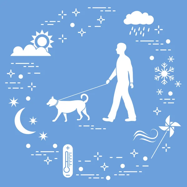 Man walking a dog on a leash in any weather.