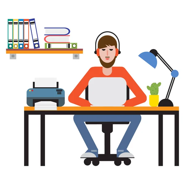 Man sitting at table and working on laptop. — Stock Vector