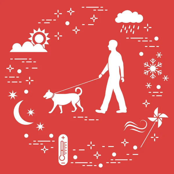 Man walking a dog on a leash in any weather. — Stock Vector