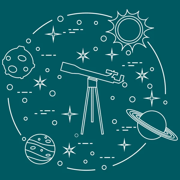 科学: 望远镜, 太阳, 月亮, 行星, 星星. — 图库矢量图片