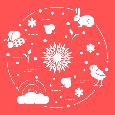 Gökkuşağı, tavuk, tavşan, arı. Bahar Tema.