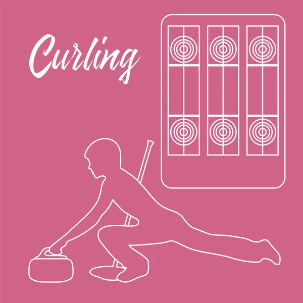 Zona de juegos para curling, escoba, piedra y atleta . — Vector de stock