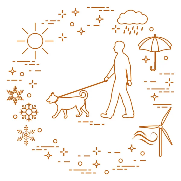 Man walking a dog on a leash in any weather. — Stock Vector