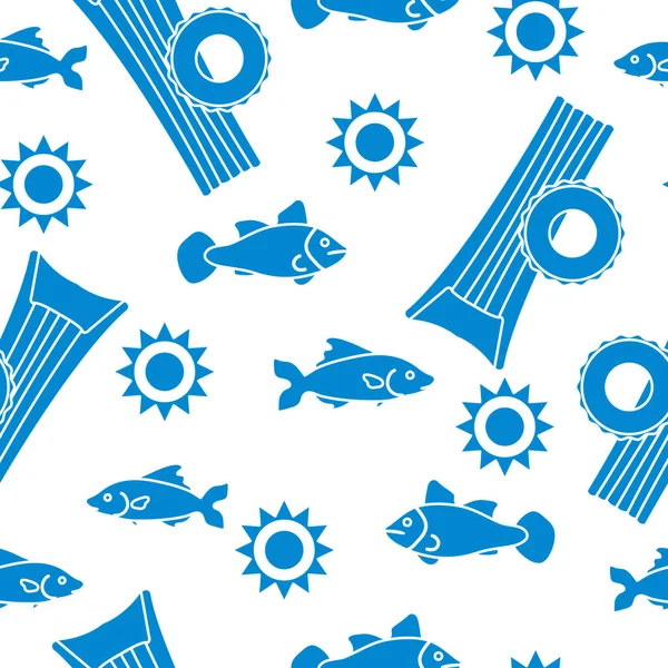 Pattern with fish, sun, inflatable mattress. — Stock Vector