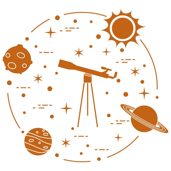 Věda: dalekohled, slunce, měsíc, planety, hvězdy. — Stockový vektor
