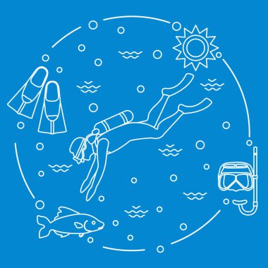Maske, şnorkel, palet, güneş, balık, scuba diver.