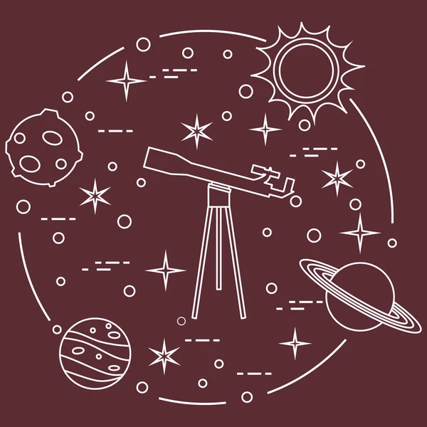 Ciencia: telescopio, sol, luna, planetas, estrellas . — Vector de stock