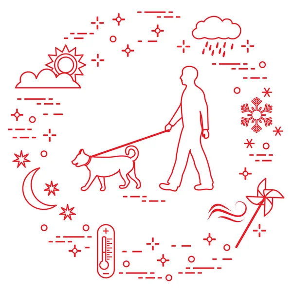 Man walking a dog on a leash in any weather. — Stock Vector