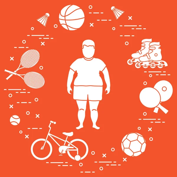 Tlustý chlapec, sportovní vybavení. Aktivity pro děti — Stockový vektor