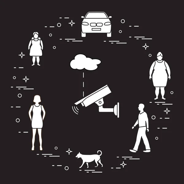 Cámara de seguridad, perro, mujeres, chica, hombre, coche . — Archivo Imágenes Vectoriales
