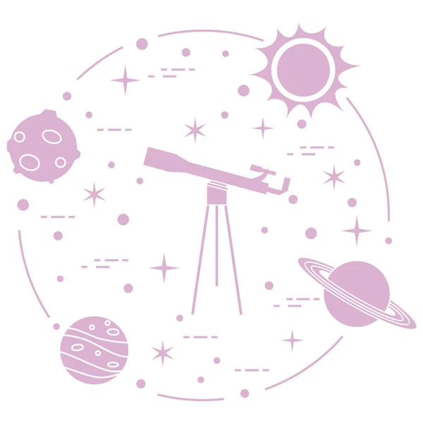 Наука: телескоп, солнце, луна, планеты, звезды . — стоковый вектор