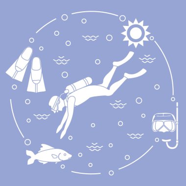Maske, şnorkel, palet, güneş, balık, scuba diver.