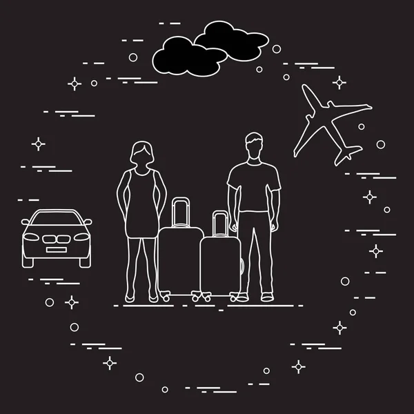 Hombre y mujer con maletas, avión, nube, coche . — Archivo Imágenes Vectoriales