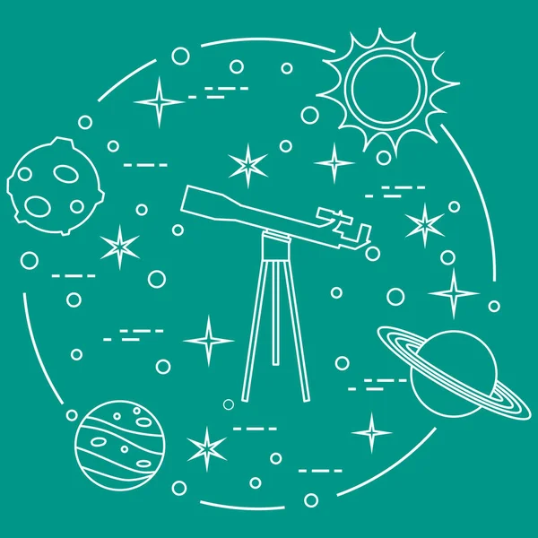 Ciência: telescópio, sol, lua, planetas, estrelas . — Vetor de Stock