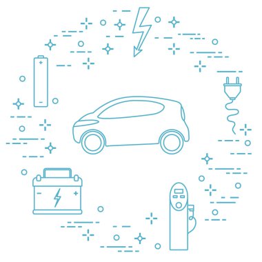 Elektrikli otomobil, pil, şarj istasyonu, elektrik güvenliği işareti, kablo, elektrik prizinden. Yeni ulaşım Çevre teknolojileri. 