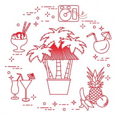 Sahilde, palmiye ağaçları, kokteyller, dondurma, müzik hoparlörler, muz, ananas, portakal Bar.