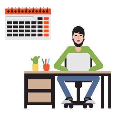 Masada oturan ve dizüstü bilgisayarda çalışan adam. Çalışma alanı.